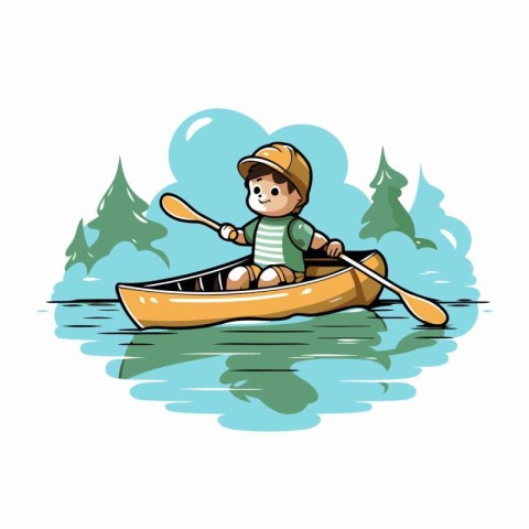 Cute little boy in a canoe on the lake. Vector illustration.