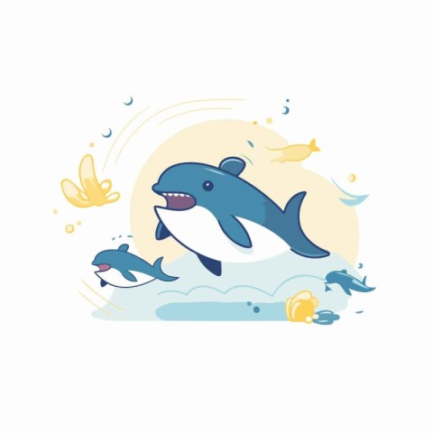 Cute cartoon killer whale swimming in the sea. Vector illustrati