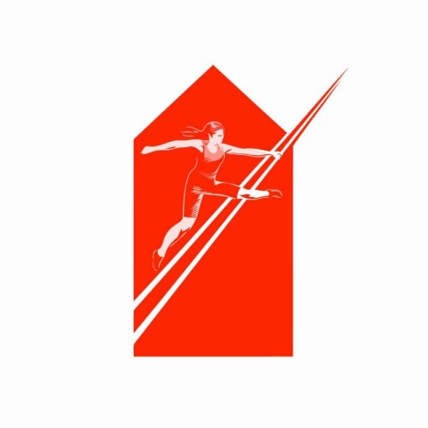 Woman running up the stairs on red arrow background. vector illu