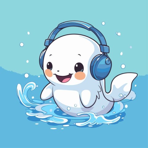 Cute cartoon white whale listening to music with headphones. Vec