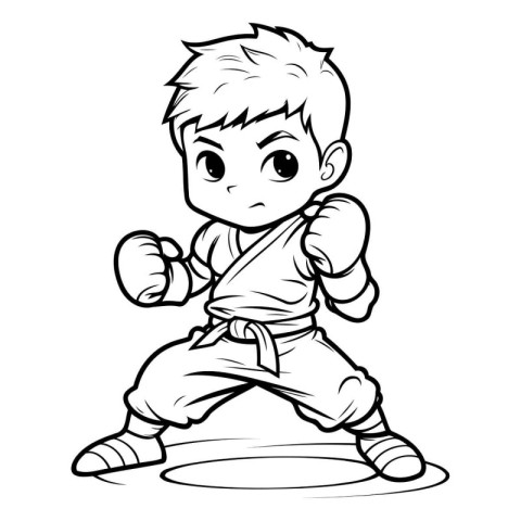 Karate Boy - Black and White Cartoon Illustration. Vector Charac