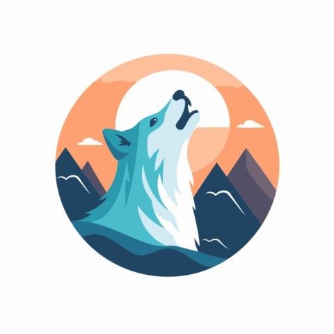 Wolf logo. Vector illustration of a wolf in the mountains at sun