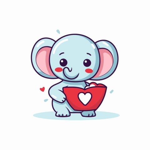 Cute elephant holding a red heart. Vector cartoon character illu