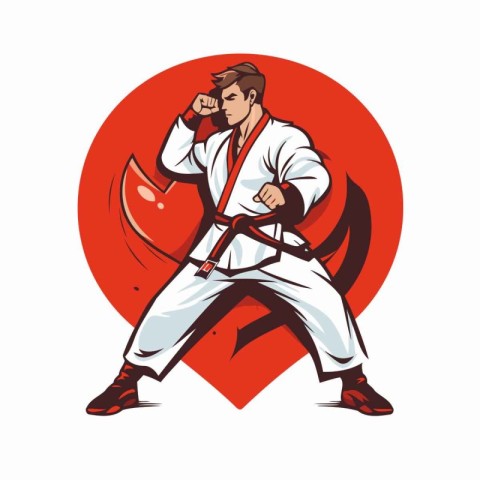 Karate man with a red shield in the background. Vector illustrat