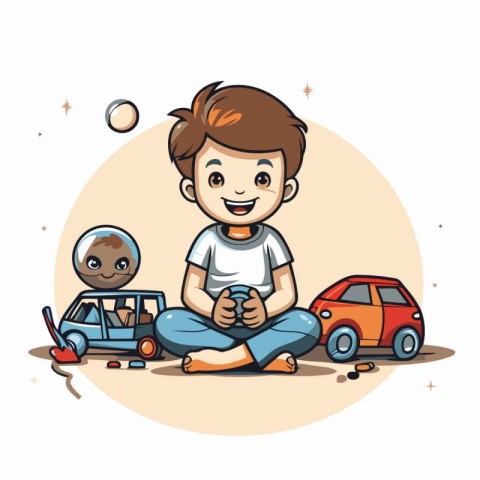 Cute little boy sitting on the floor and playing with toys. Vect