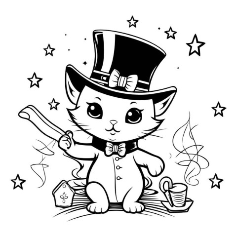 Black and White Cartoon Illustration of Cute Kitten in Leprechau