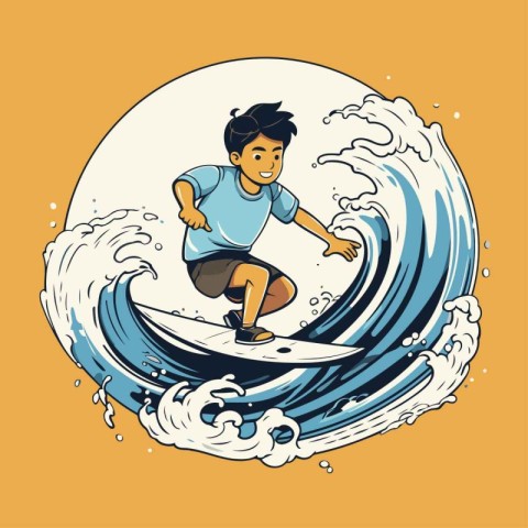 Surfer on the wave. Vector illustration in a cartoon style.