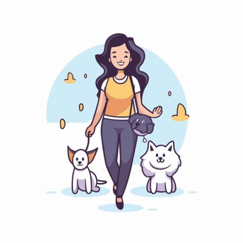 Young woman walking with her pets. Vector illustration in cartoo