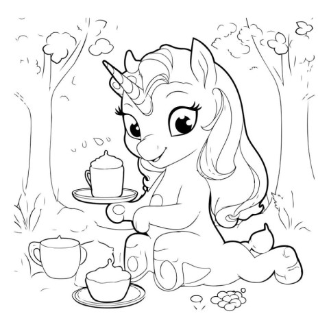 Unicorn with cup of tea. Vector illustration for coloring book