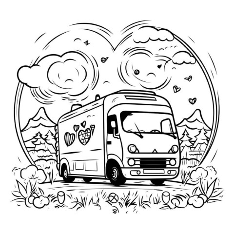 Vector illustration of a camper van with hearts in the backgroun