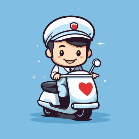 Cute boy driving scooter with heart. Vector illustration. Cartoo