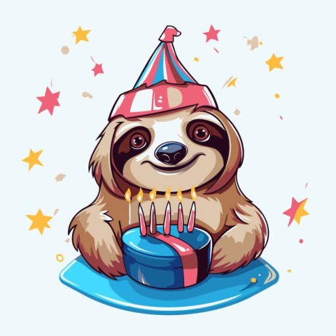 Cute cartoon sloth in party hat with birthday cake. Vector illus