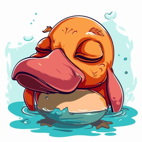 Illustration of a Cute Cartoon Monster Surrounded by Water.