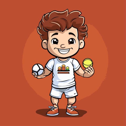 Cartoon soccer player boy with ball and ball. Vector illustratio