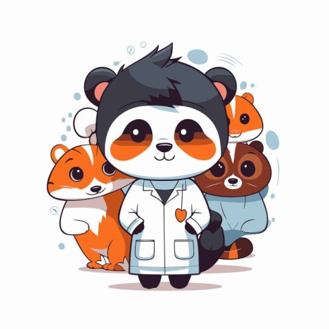 Cute panda doctor with a group of animals. Vector illustration.