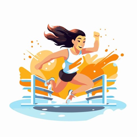 Sporty young woman running at the finish line. Vector illustrati