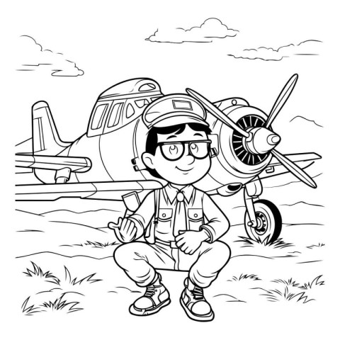 Cartoon pilot with airplane. Vector illustration. Coloring book