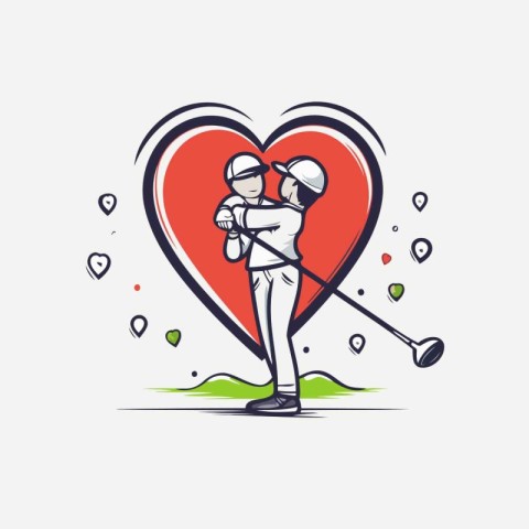 Golf player with a club and a red heart. vector illustration