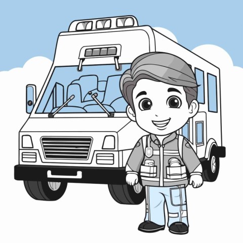 Cute boy in front of a school bus. Vector illustration.