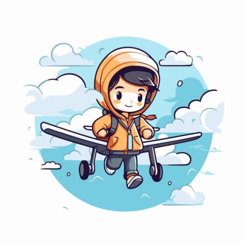 Cute little boy flying in the sky with airplane. Vector illustra