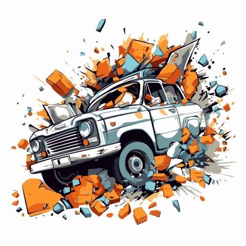 Vector illustration of an old car with broken glass. explosion a