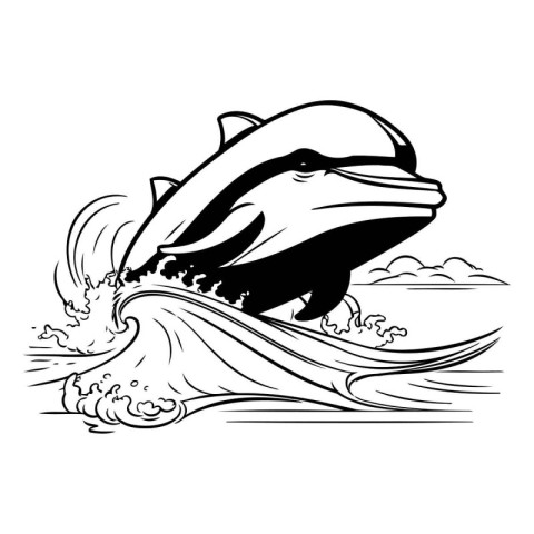 Dolphin in the sea. Black and white vector illustration for tatt