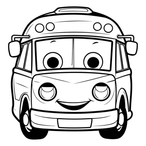 Cartoon illustration of a camper van with a happy face.