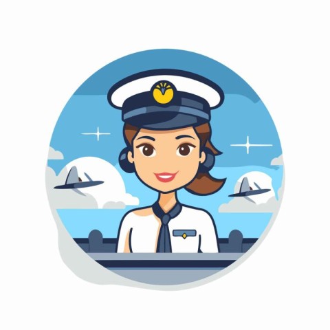 Pilot woman in uniform on the background of the sea. Vector illu