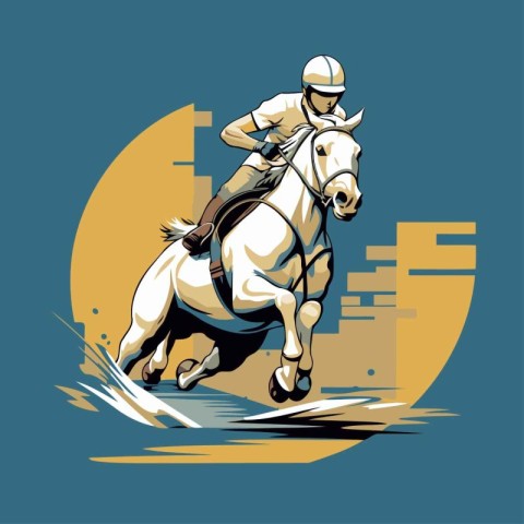 Jockey on the horse jumping over the city. Vector illustration.