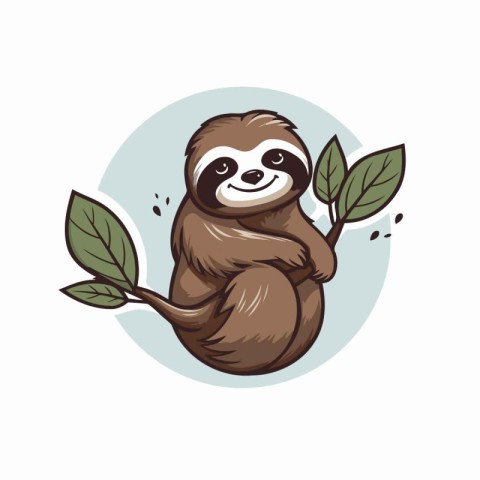 Cute cartoon sloth on a branch with leaves. Vector illustration.