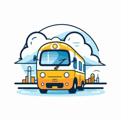 School bus on a background of blue sky with clouds. Vector illus