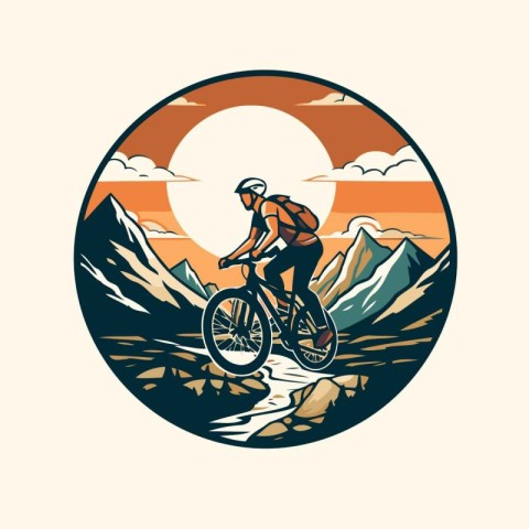 Mountain biker in the mountains. vintage style vector illustrati