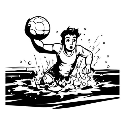 Soccer player catches the ball. Black and white vector illustrat