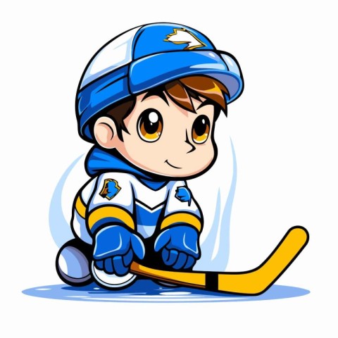 Cartoon hockey player with a stick and puck. Vector illustration