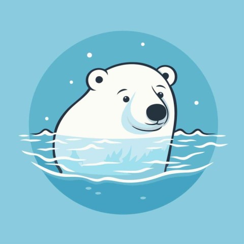 Cute cartoon polar bear swimming in the water. Vector illustrati