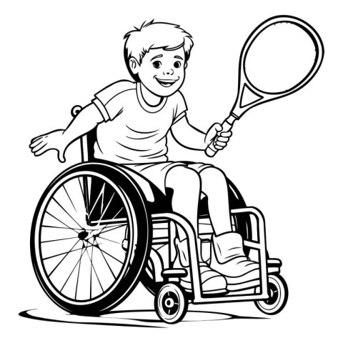 Disabled boy in a wheelchair playing tennis. Black and white vec