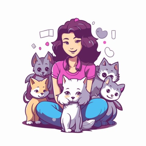 Vector illustration of a girl sitting with a group of cats and d