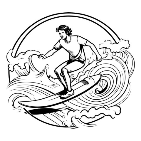 Illustration of a surfer riding a wave set inside circle on isol