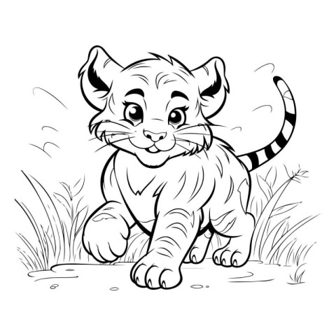 Cute tiger in the grass. Black and white vector illustration.