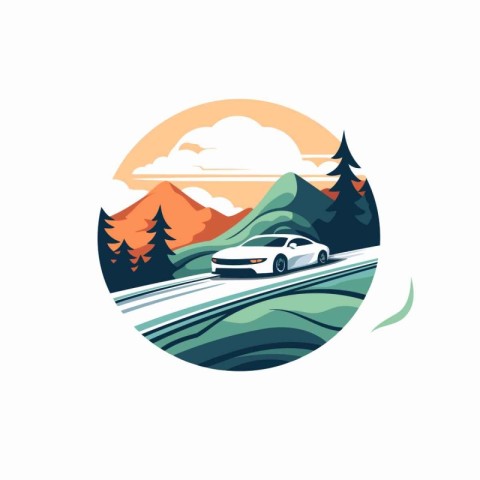 Car on the road in the mountains. Vector illustration in flat st