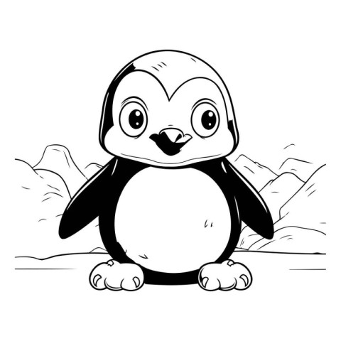 Cute penguin cartoon on the rocks. Black and white vector illust