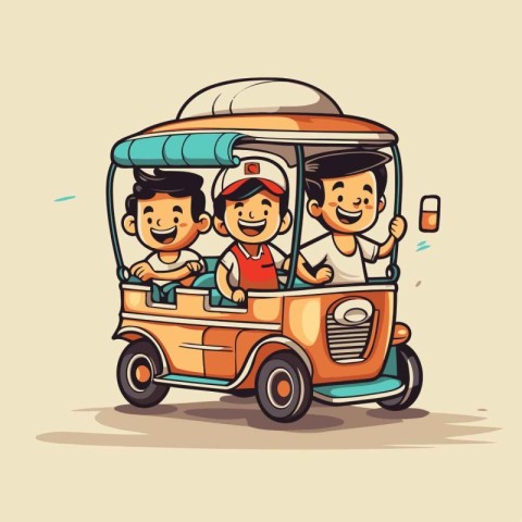 Cartoon vector illustration of a group of friends riding a tuk t