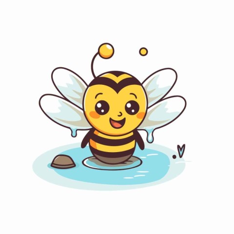 Cute cartoon bee flying on water. Vector illustration isolated o