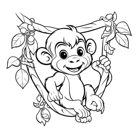 Monkey on a branch with leaves. Vector illustration for coloring