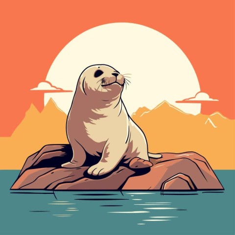 Sea lion sitting on the rock. Vector illustration in retro style