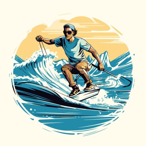 Water sport. Skier rides on the wave. Vector illustration.