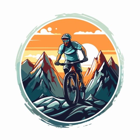 Mountain biker riding on the road in the mountains. vector illus