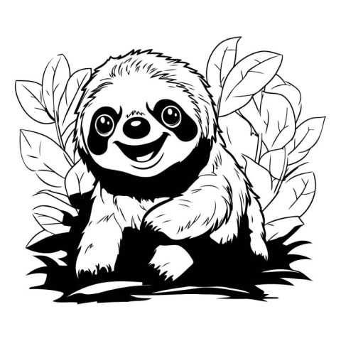 Black and white vector illustration of cute cartoon sloth sittin