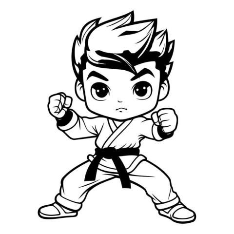 Karate Kid - Black and White Cartoon Illustration of a Karate Ki