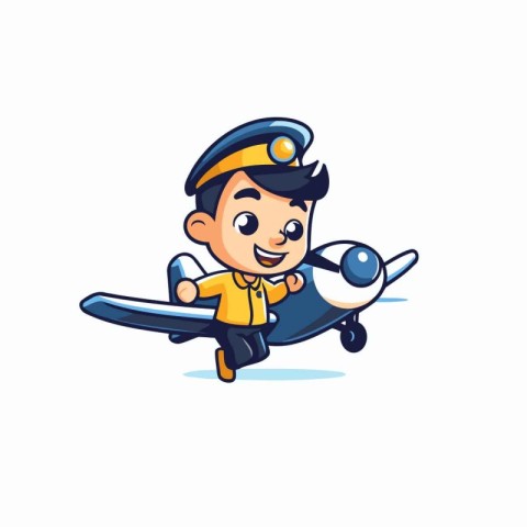 Cute cartoon pilot character with airplane on white background.